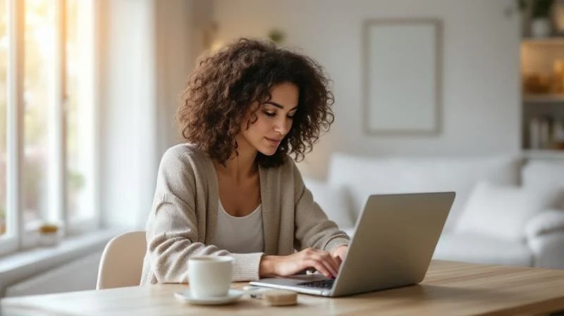 Frau am Laptop in einem hellen Wiesbadener Wohnzimmer beim Recherchieren
