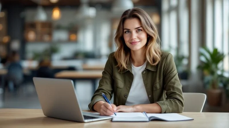 Frau mit Unterlagen und Laptop an einem Arbeitstisch in einem Wiesbadener Coworking-Buero