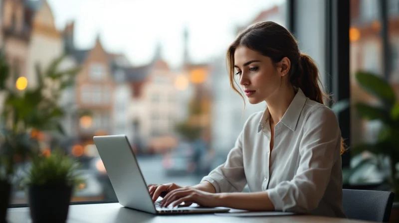 Wiesbadener Angestellte im Coworking-Space in der Innenstadt mit Laptop und Versicherungsviertel-Atmosphäre