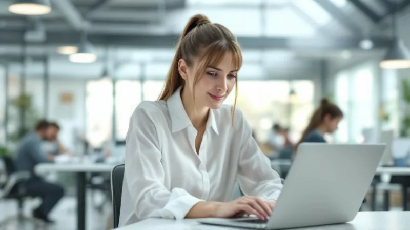 Frau sitzt mit Laptop in einem hellen modernen Coworking-Space in Wiesbaden