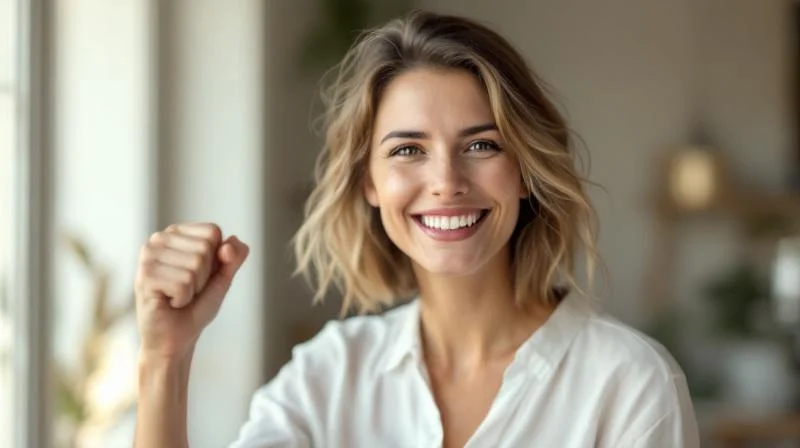 Frau feiert ihren Pruefungserfolg in einem hellen Buero in Wiesbaden