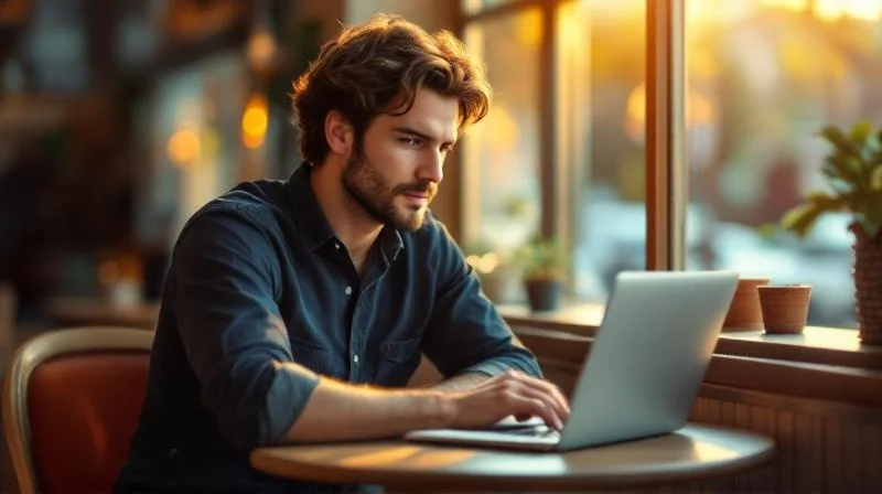 Mann plant seine berufliche Zukunft am Laptop in einem Wiesbadener Cafe