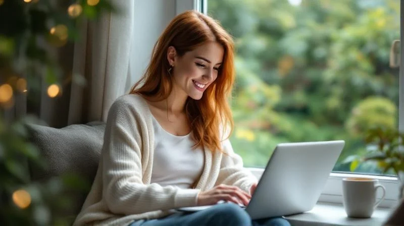 Frau in Wiesbaden lernt am Laptop an einem Fensterplatz mit Blick ins Gruene
